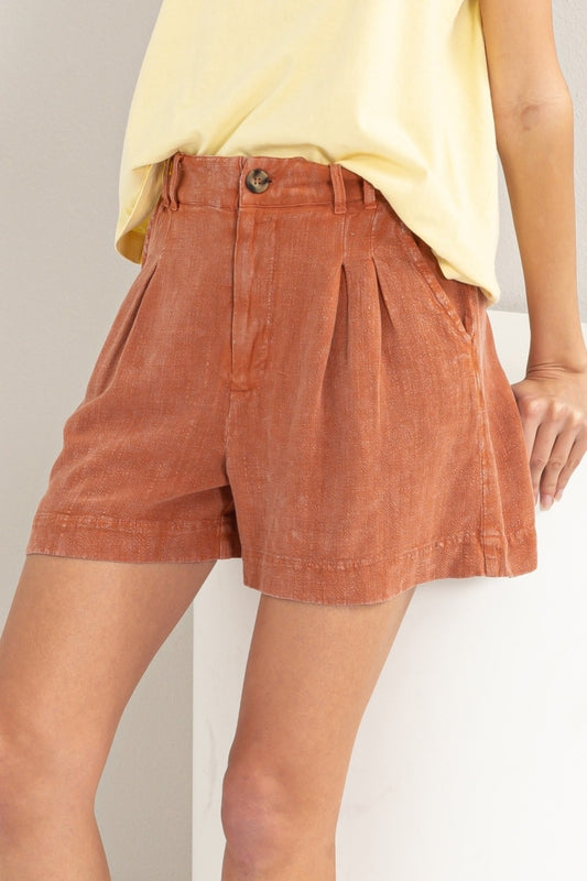 HYFVE Brunch Date High Waist Pleated Linen Shorts in Baked Clay