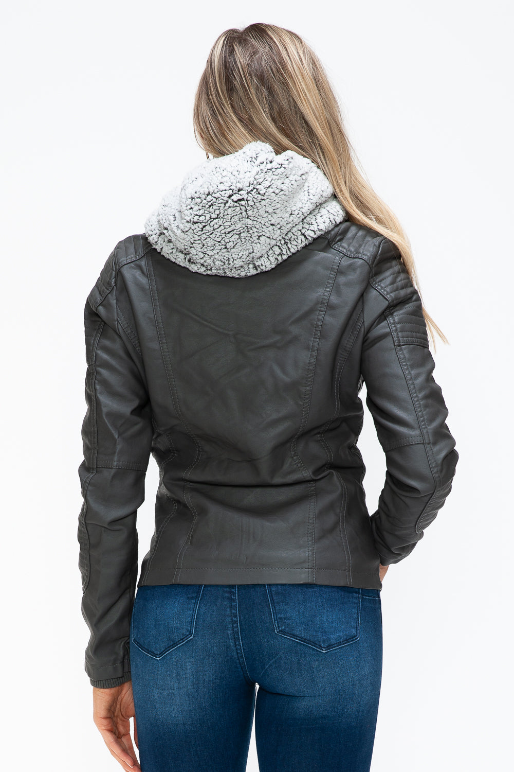 YMI Hooded and Happy Removable Faux Layered Multi-Pocket Jacket with Fuzzy Hood in Charcoal