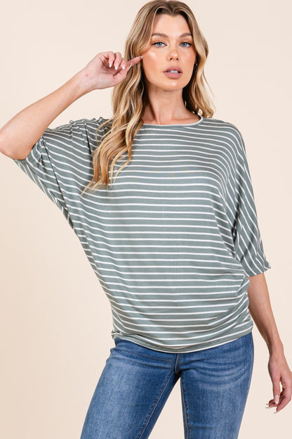 BOMBOM Casually Striped Boat Neck Dolman Sleeve Top in Dusty Olive