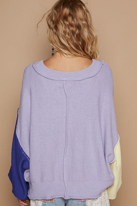 POL A Little Edge Exposed Seam Contrast V-Neck Lantern Sleeve Sweater in Lavender