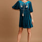 Umgee Stealing The Spotlight Embroidered Half Sleeve Velvet Mini Dress with Tassel in Deep Teal