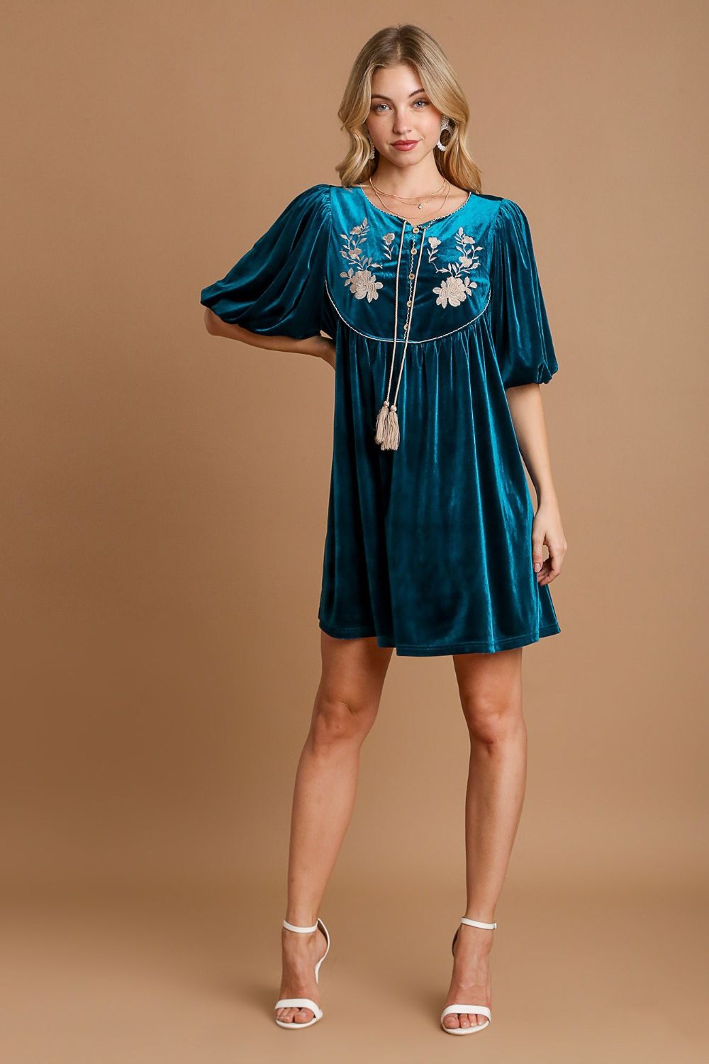 Umgee Stealing The Spotlight Embroidered Half Sleeve Velvet Mini Dress with Tassel in Deep Teal