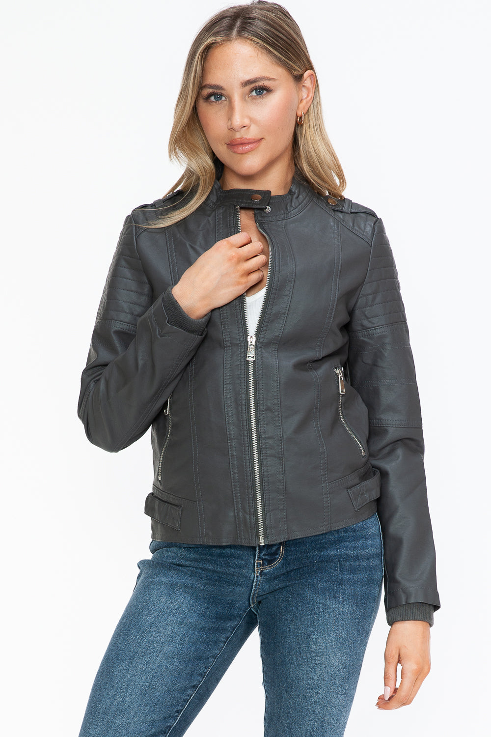 Snobbish Born To Ride PU Leather Biker Jacket with Side Zip Pockets in Charcoal