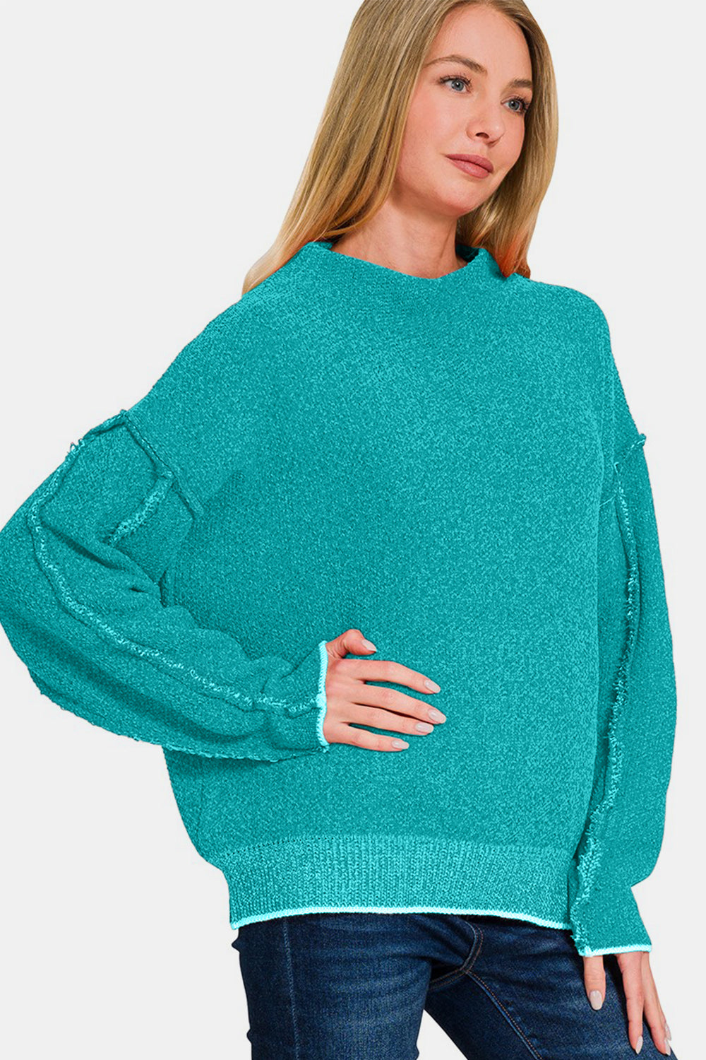 Zenana Everyday Cozy Exposed Seam Mock Neck Long Sleeve Sweater in Light Teal