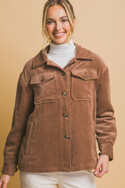 Love Tree Fall In Love Corduroy Button Up Jacket with Sherpa Inside in Cocoa