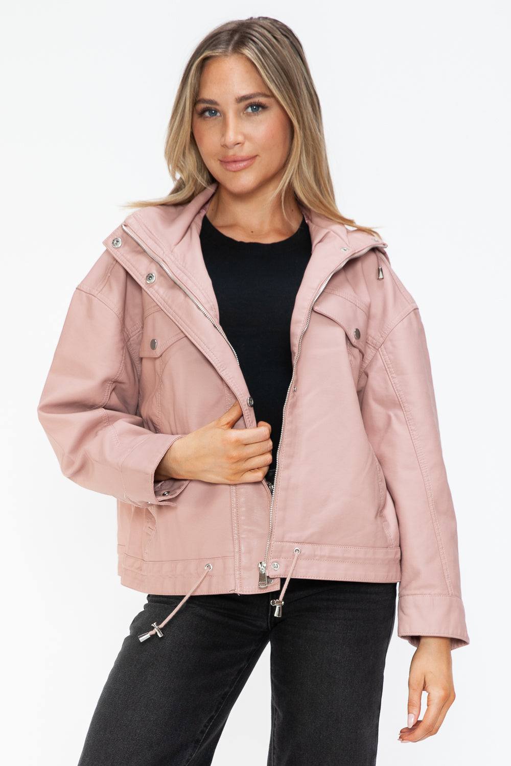 How Dare U My Favorite Layer Drawstring Hem PU Leather Zip Up Jacket in Mauve