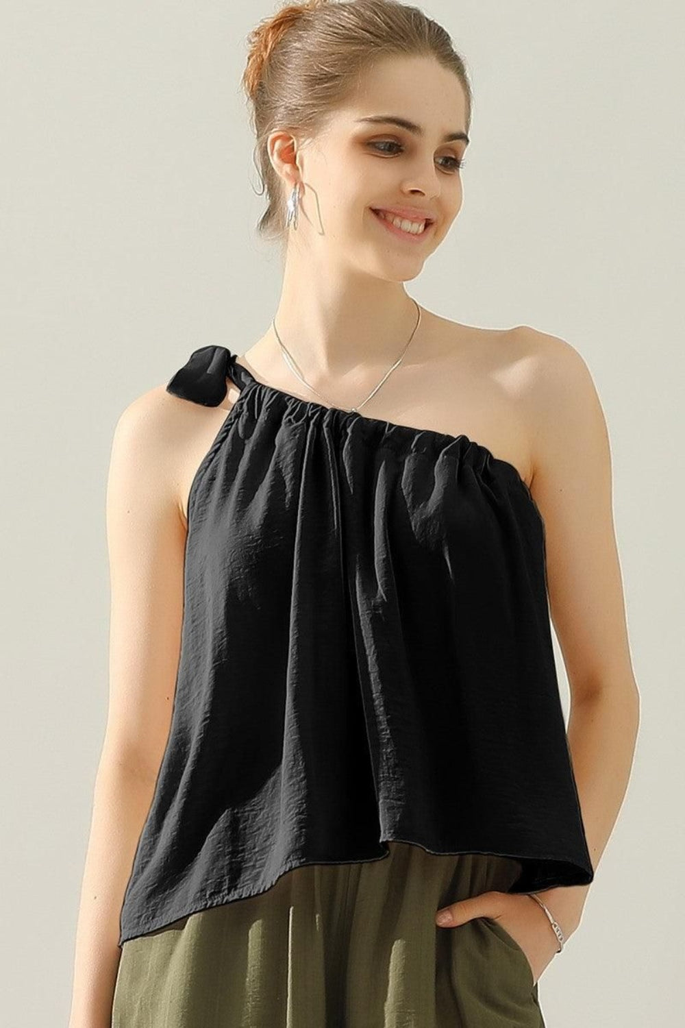 Ninexis Summer Balance One Shoulder Bow Tie Strap Satin Silk Top