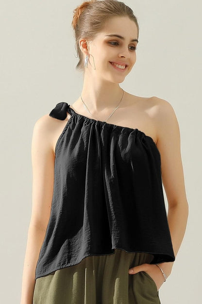 Ninexis Summer Balance One Shoulder Bow Tie Strap Satin Silk Top