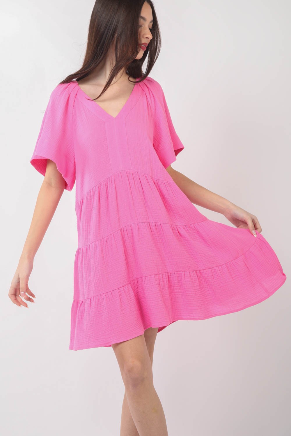 VERY J In Paradise Texture V-Neck Ruffled Tiered Dress