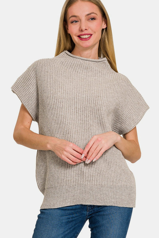 Zenana Sweet Awakening Short Sleeve Mock Neck Sweater in H Mocha