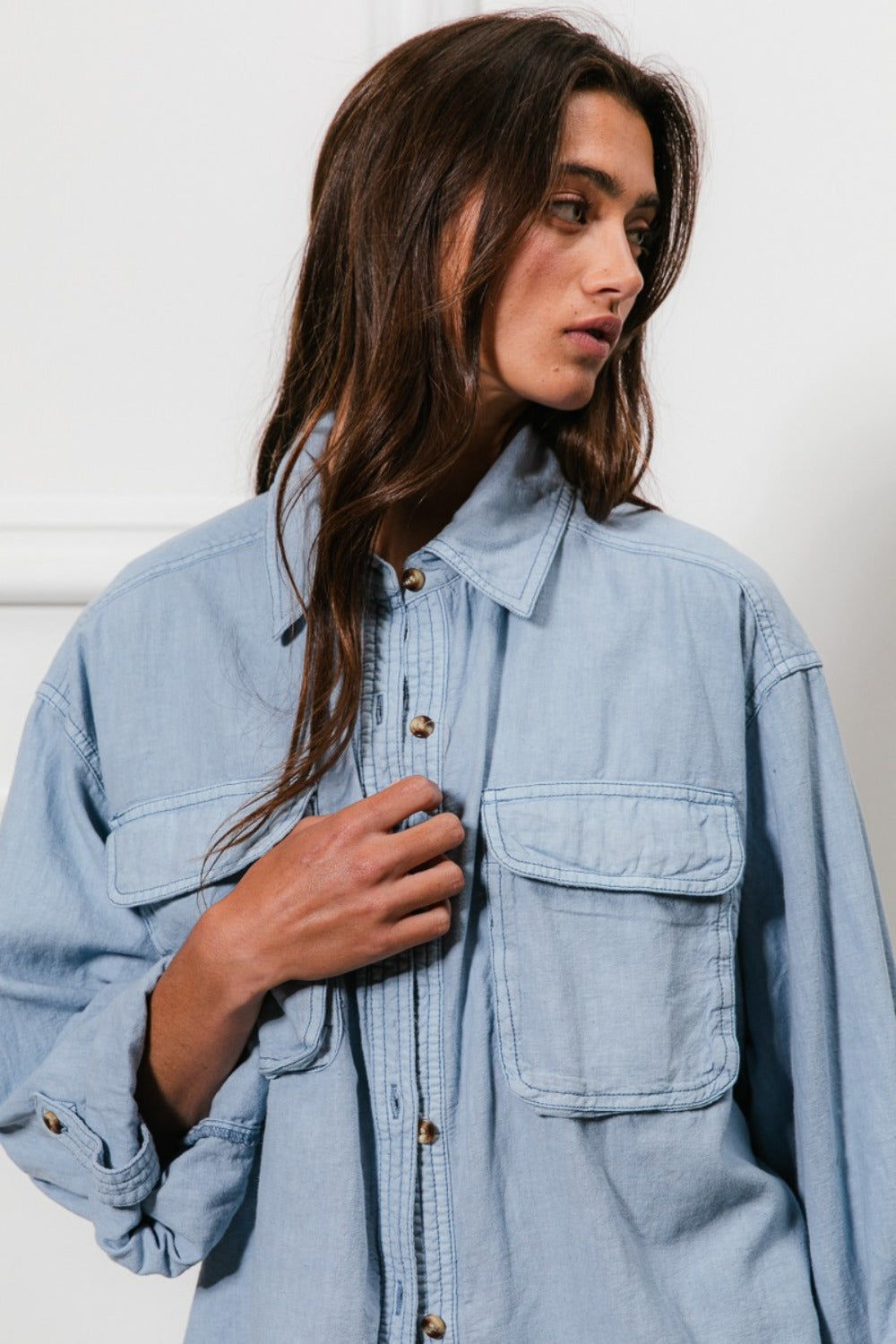 BiBi Stitched With Love Button Down Stitch Detail Shirt with Chest Pockets in Denim