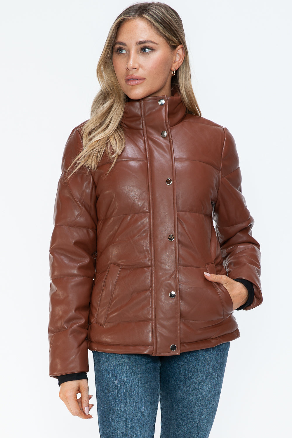 YMI Cozy Perfection Pocketed Zip Up Turtleneck Puffer Jacket in Brandy