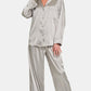 Zenana Wrapped In Satin Long Sleeve Shirt and Pants Pajama Set in Silver