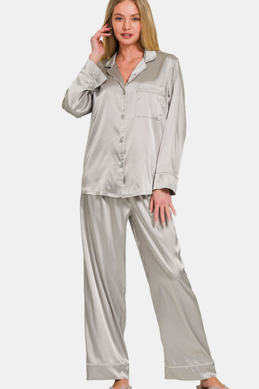 Zenana Wrapped In Satin Long Sleeve Shirt and Pants Pajama Set in Silver