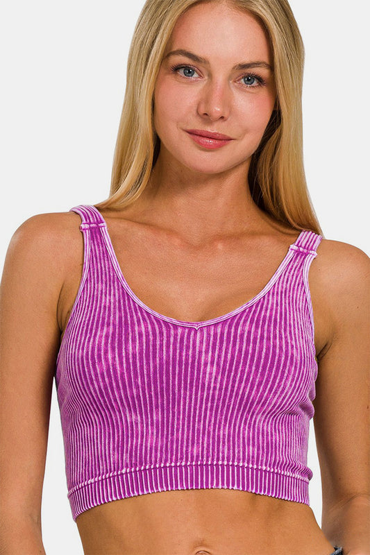 Zenana The Right Track Washed Ribbed Cropped V-Neck Tank in Light Plum