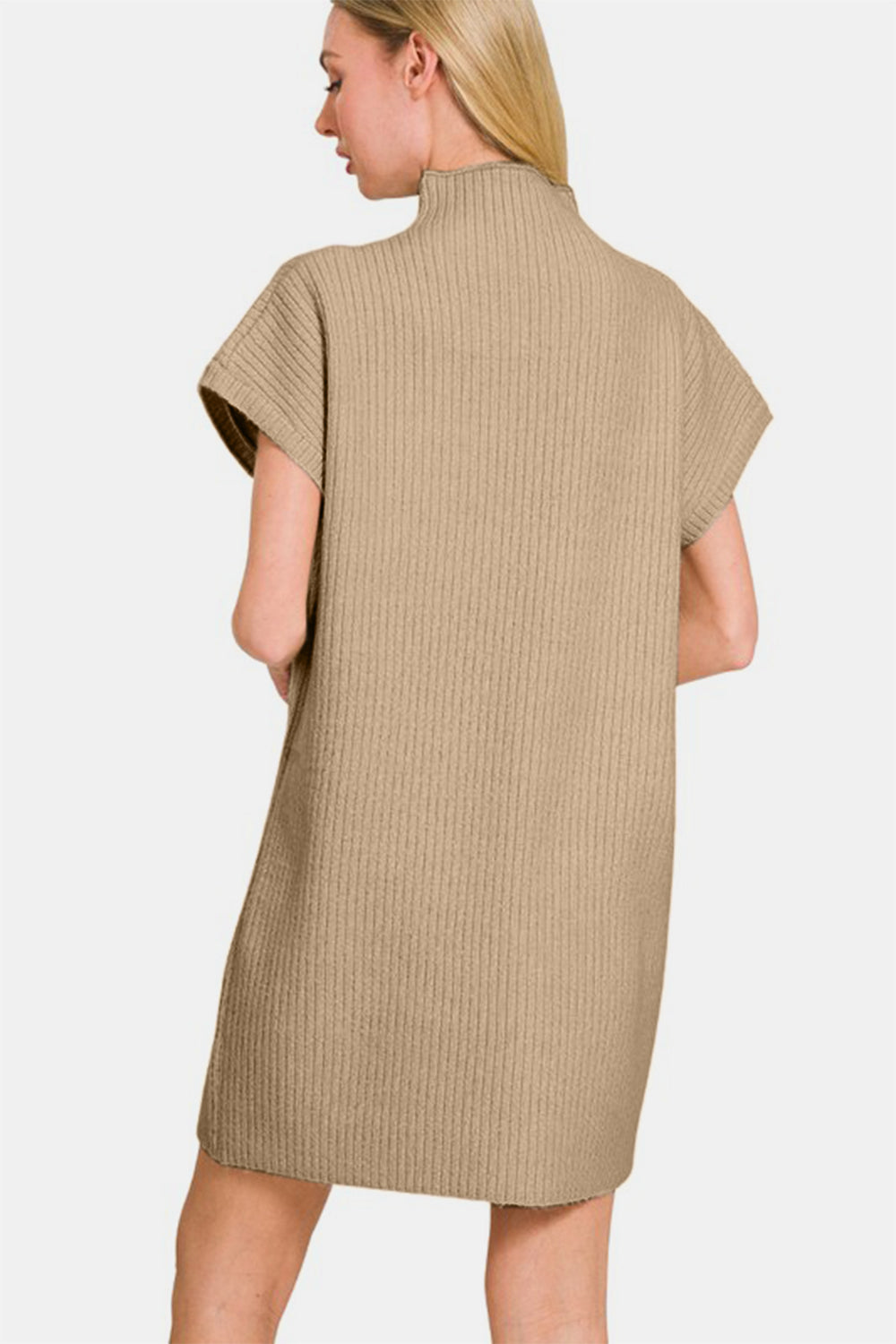 Zenana I'm Ready Short Sleeve Sweater Mini Dress in Camel