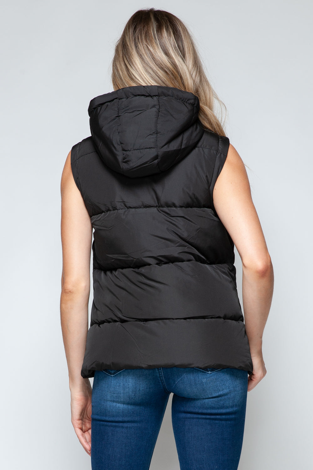 Snobbish Cute and Cozy Snap and Zip Closure Hooded Vest in Midnight/ Black