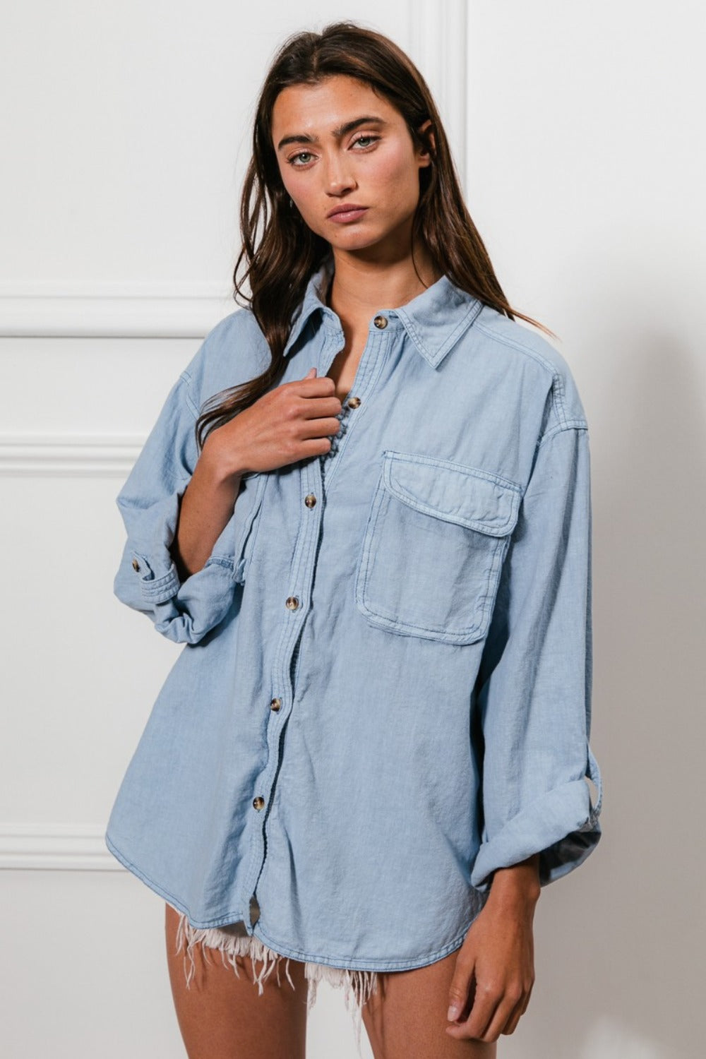 BiBi Stitched With Love Button Down Stitch Detail Shirt with Chest Pockets in Denim