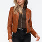 Snobbish Embrace The Day Faux Leather Zip Up Drawstring Hooded Jacket in Camel