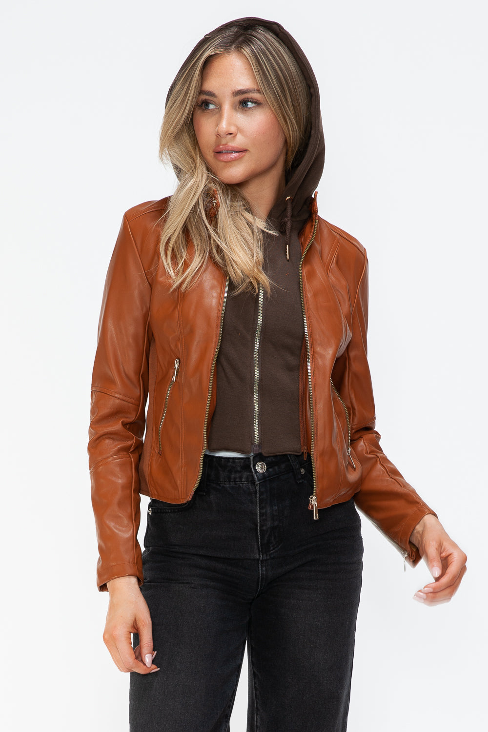 Snobbish Embrace The Day Faux Leather Zip Up Drawstring Hooded Jacket in Camel