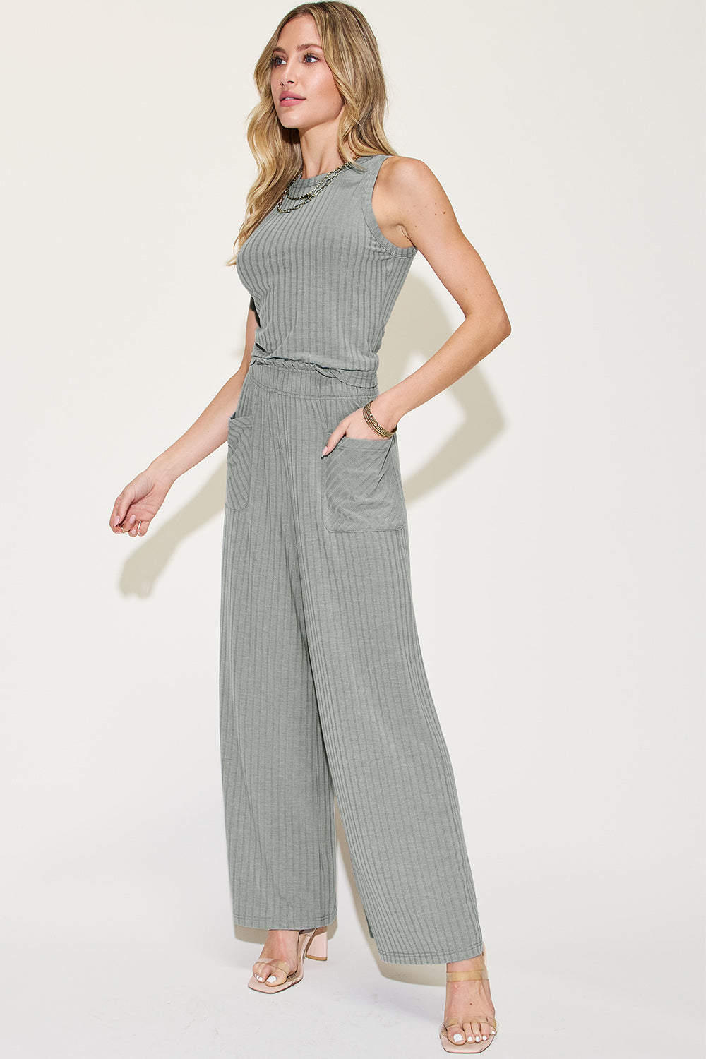 Basic Bae A Fresh Start Ribbed Tank and Wide Leg Pants Set