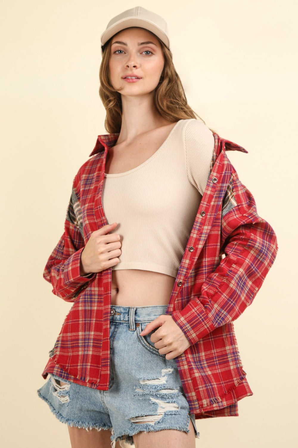 VERY J Falling For Plaid Contrast Plaid Raw Detail Shirt in Red