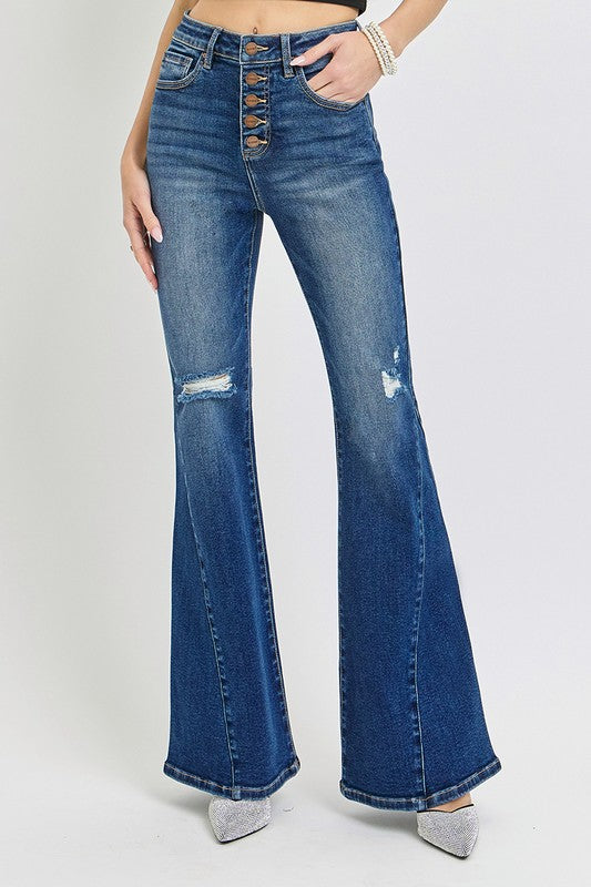 RISEN Star Distressed Button-Fly Flare Jeans