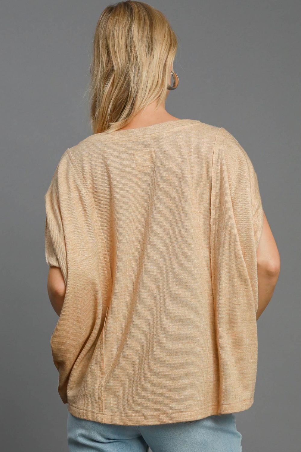 Umgee I'm On Point Exposed Seam Batwing Sleeve Knit Top in Tan