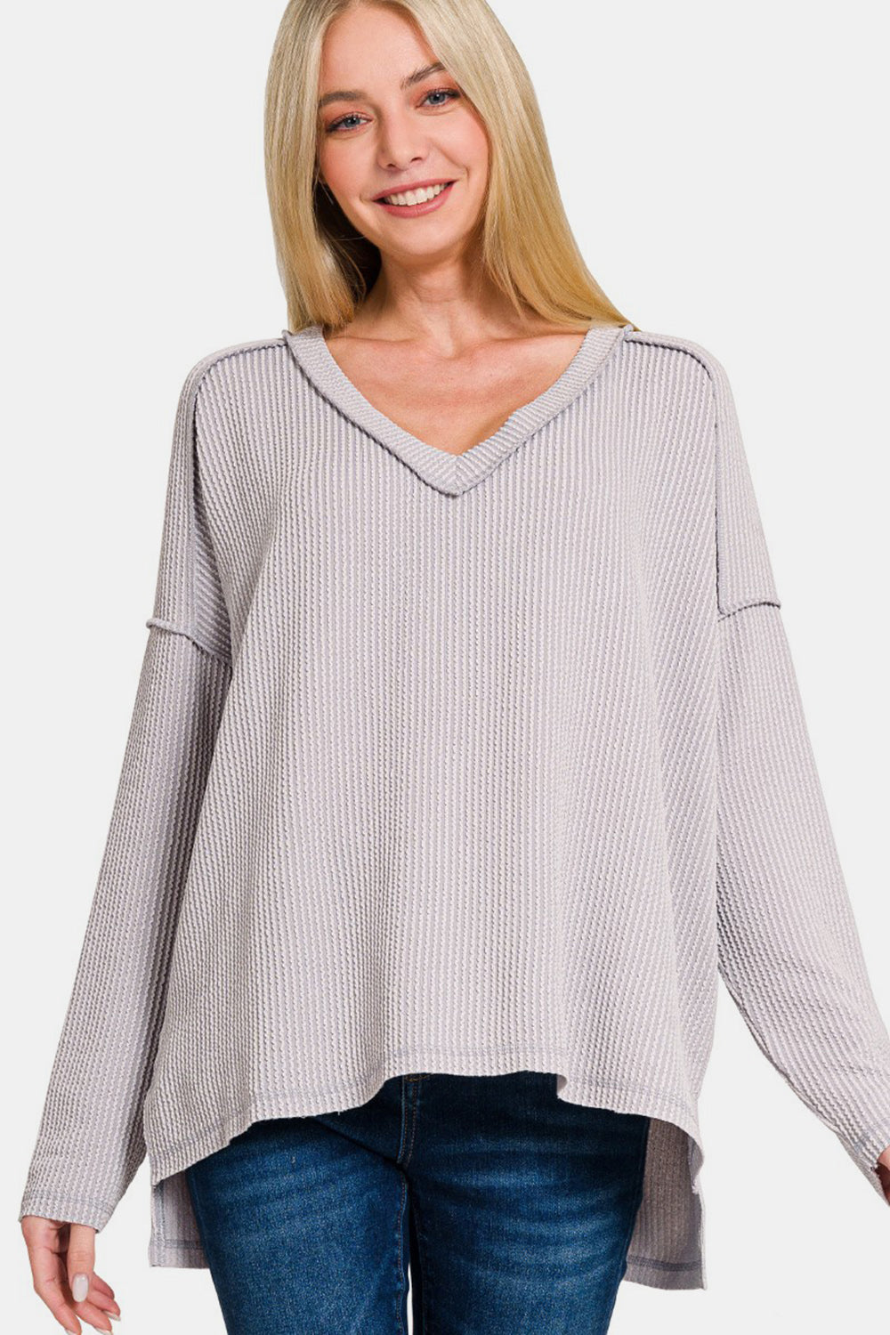 Zenana All About Details Texture Exposed Seam V-Neck Long Sleeve T-Shirt in Light Gray