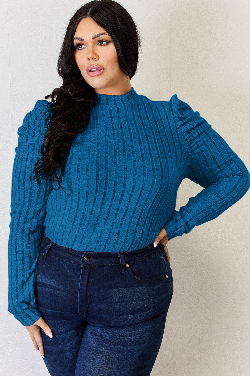 Basic Bae I'm Feeling Extra Ribbed Mock Neck Puff Sleeve T-Shirt