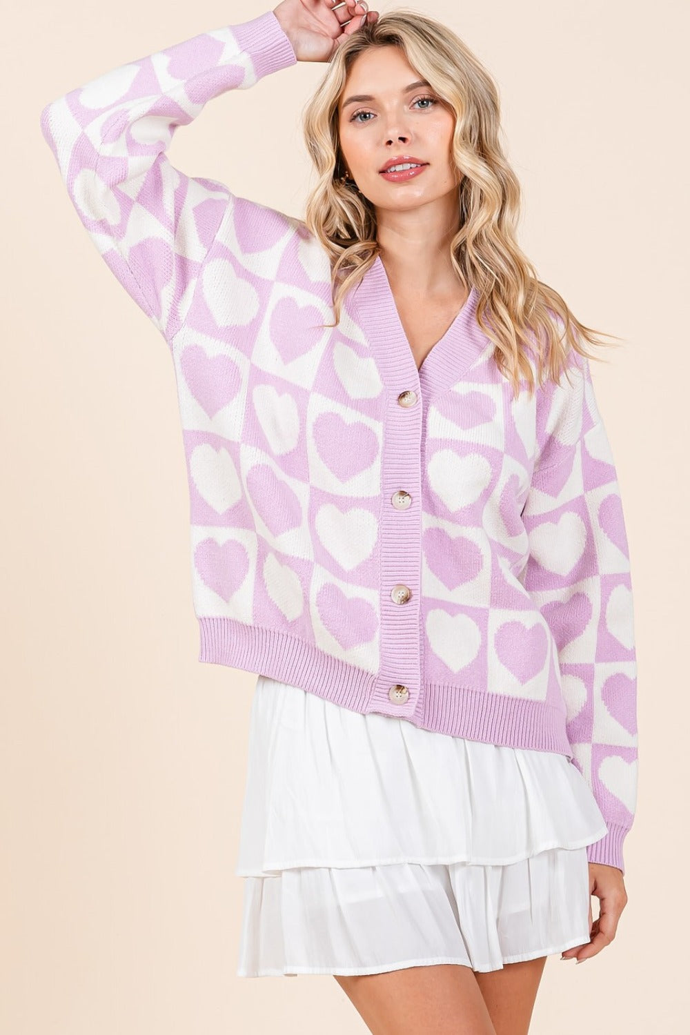 Mittoshop Bringing A Little Love Checkered Heart Button Down Cardigan