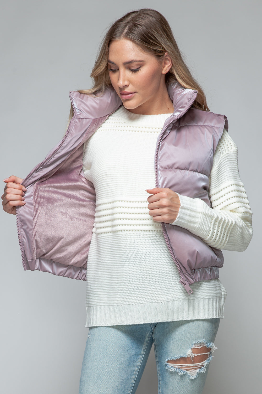 Snobbish Me and My Puffer Fine Fur Lining Quilted Vest in Dark Rose