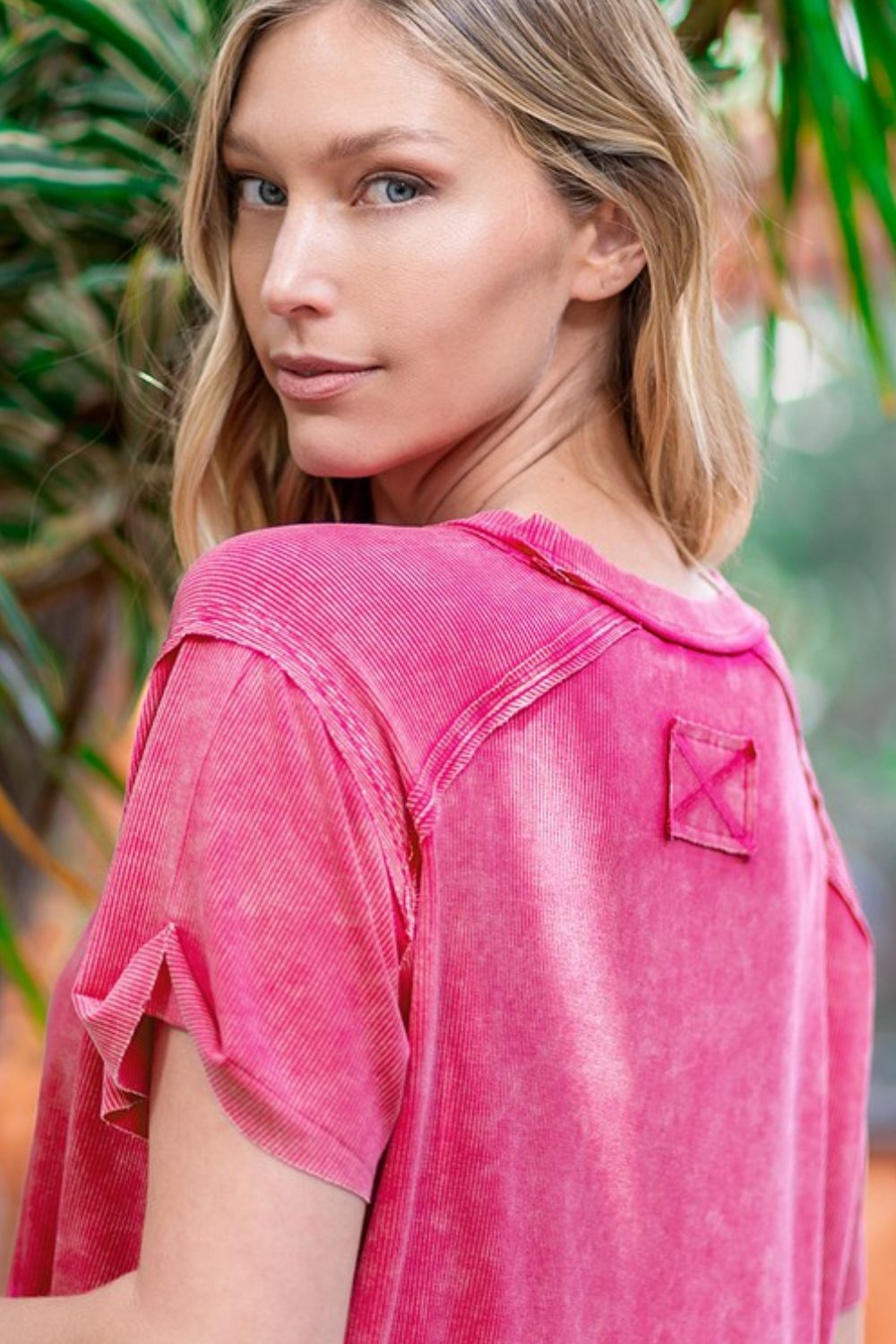 Zenana My Vibes Are Relaxed Washed Ribbed Short Sleeve Top in Hot Pink