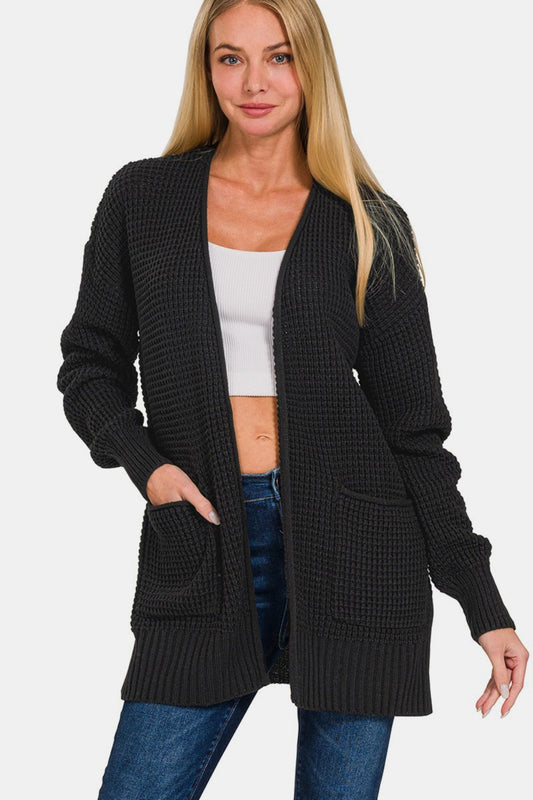 Zenana Chilly Days Waffle Open Front Sweater Cardigan in Black