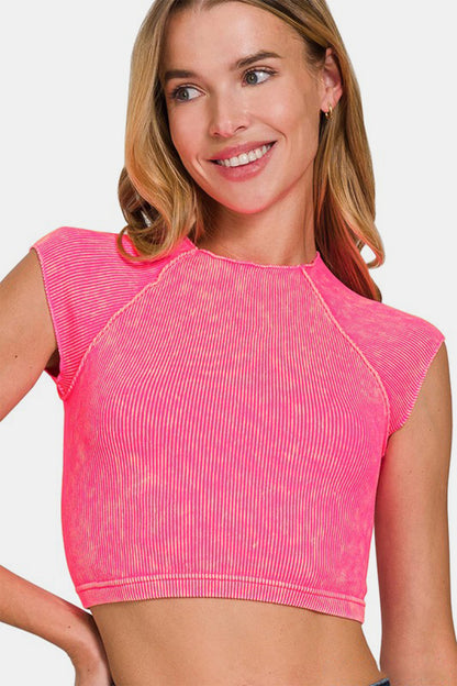 Zenana Back At It Again Ribbed Round Neck Cropped Top in Hot Pink