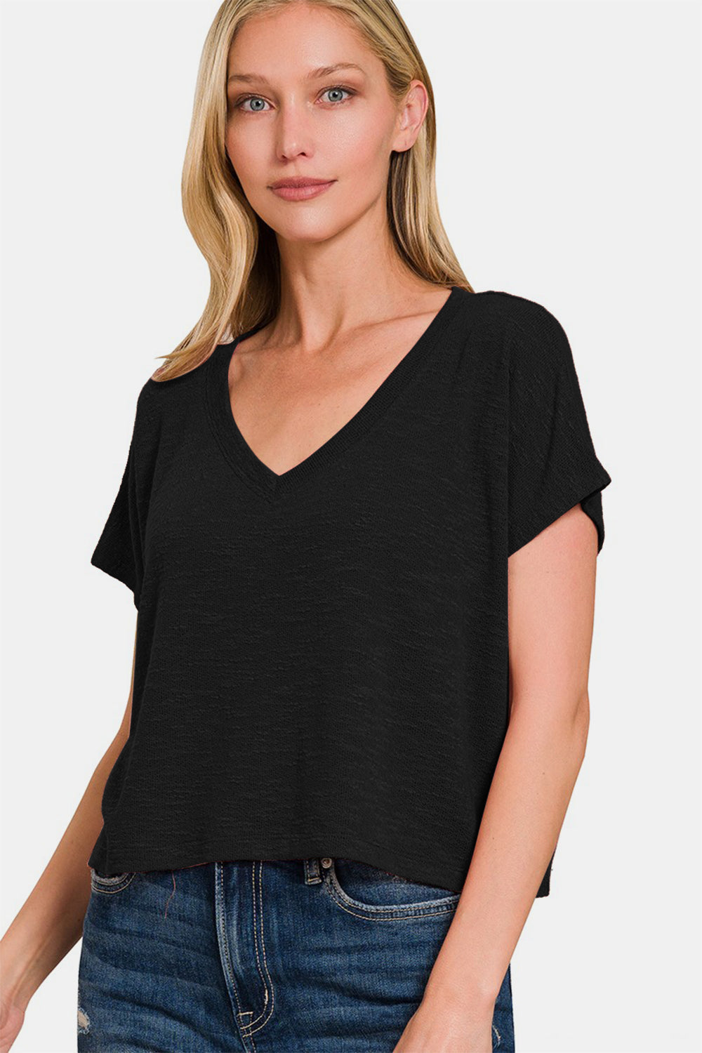 Zenana Back To Simple V-Neck Short Sleeve Crop T-Shirt in Black