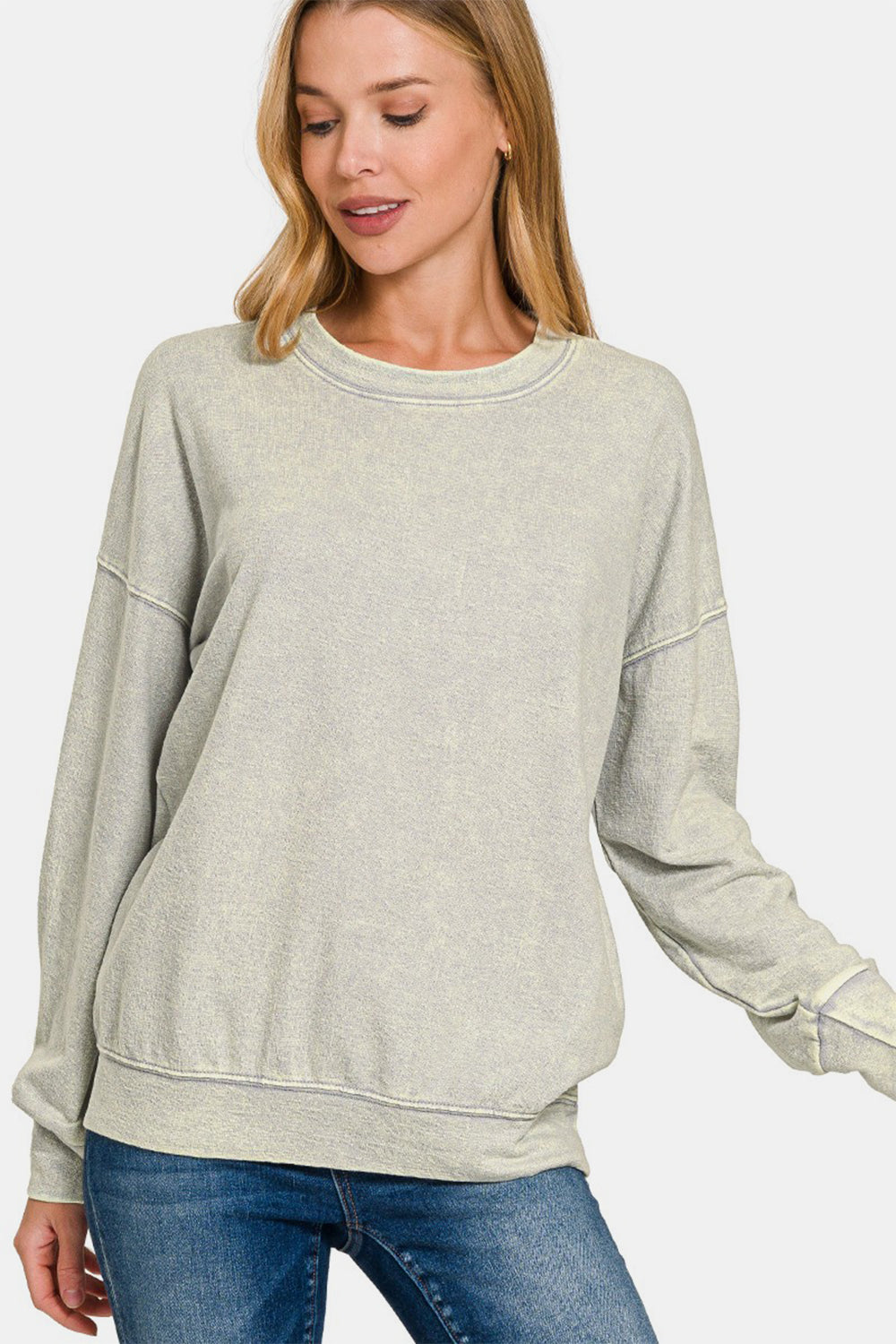 Zenana Laid Back Vibes Washed Dropped Shoulder Sweatshirt in Light Grey