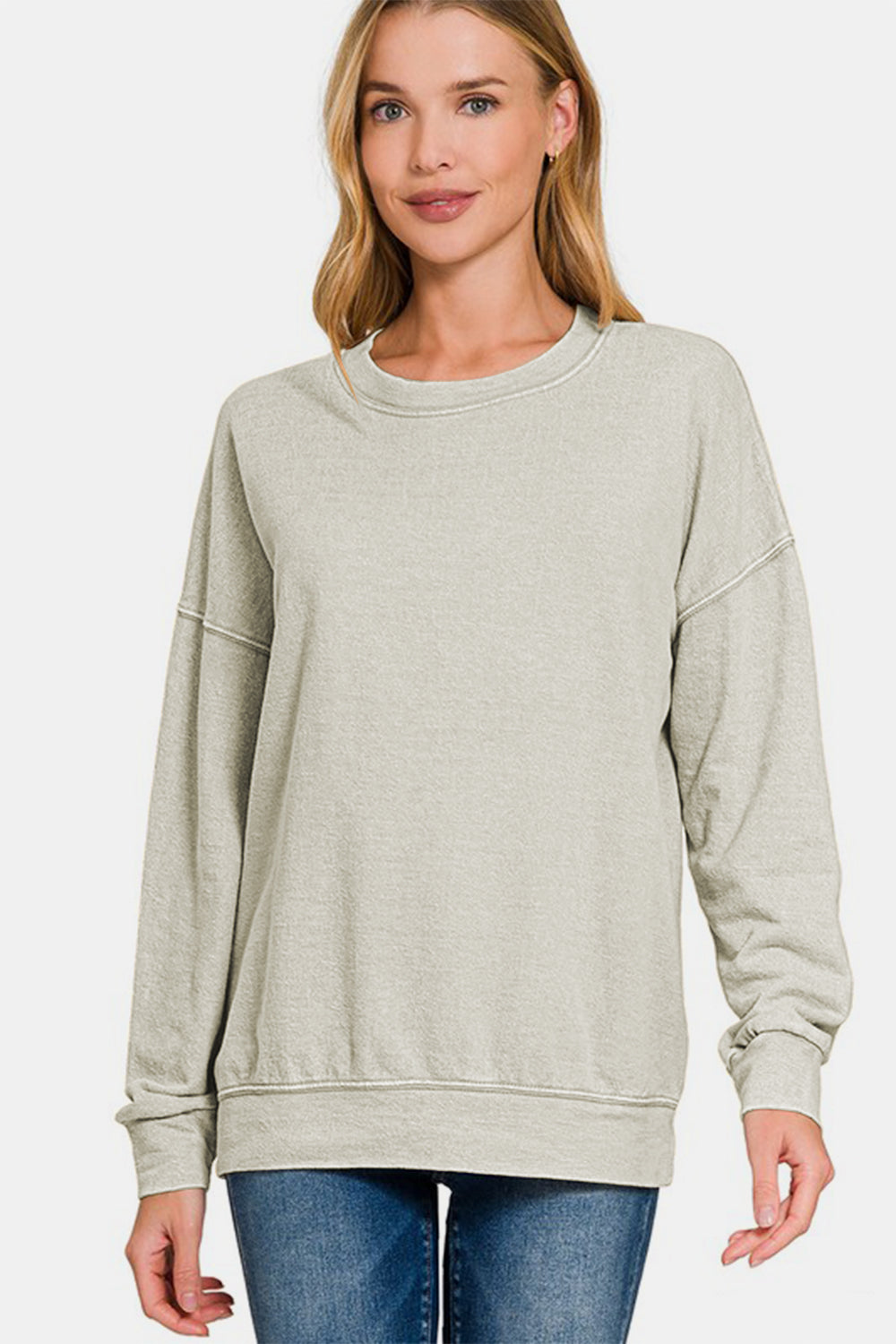 Zenana Laid Back Vibes Washed Dropped Shoulder Sweatshirt in Light Grey