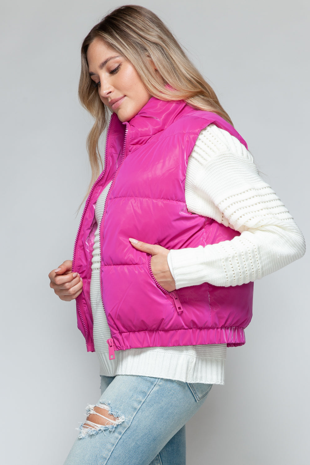 Snobbish Me and My Puffer Fine Fur Lining Quilted Vest in Hot Pink