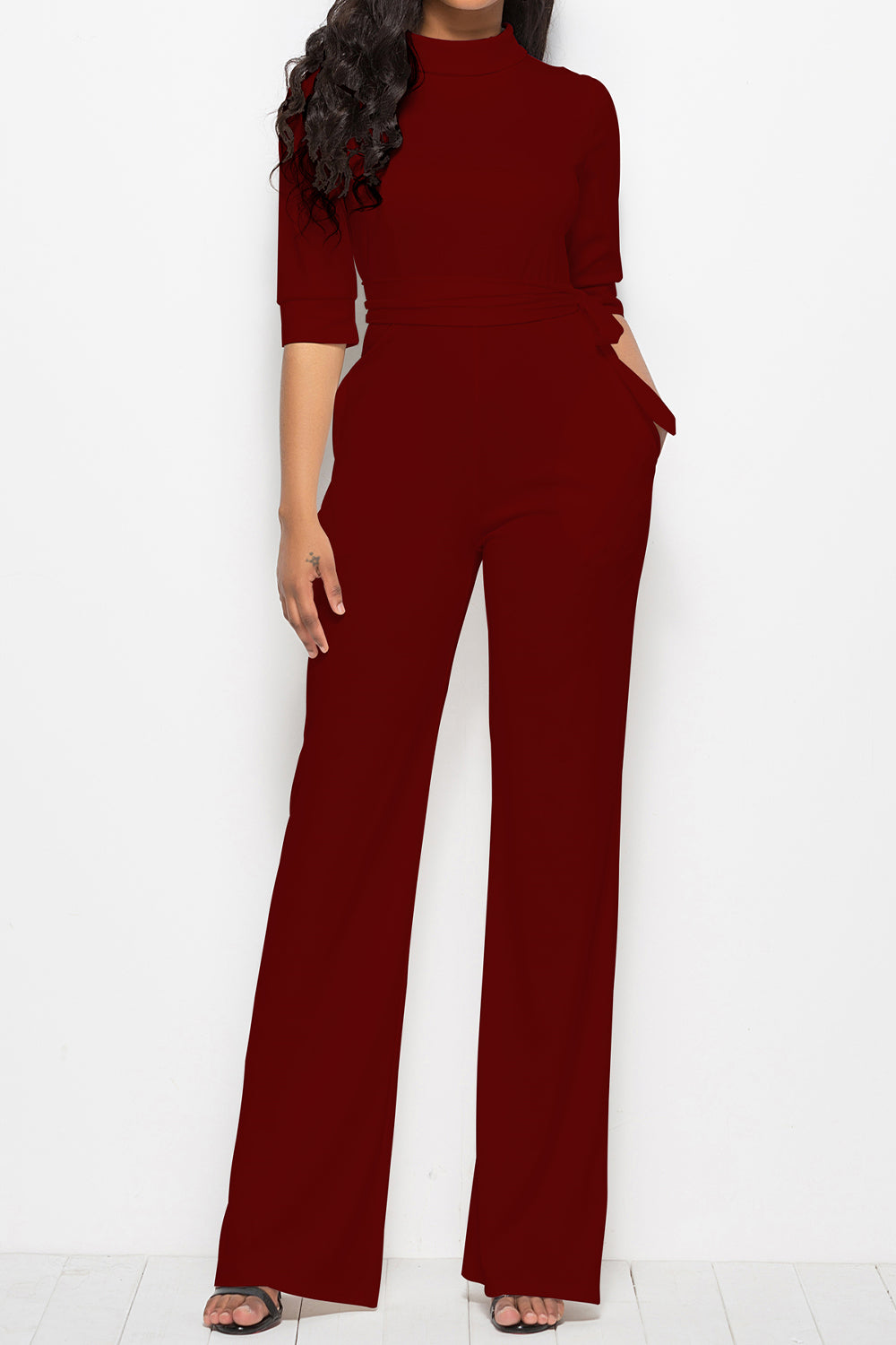 Driven Mock Neck Tie-Waist Half Sleeve Jumpsuit with Pockets