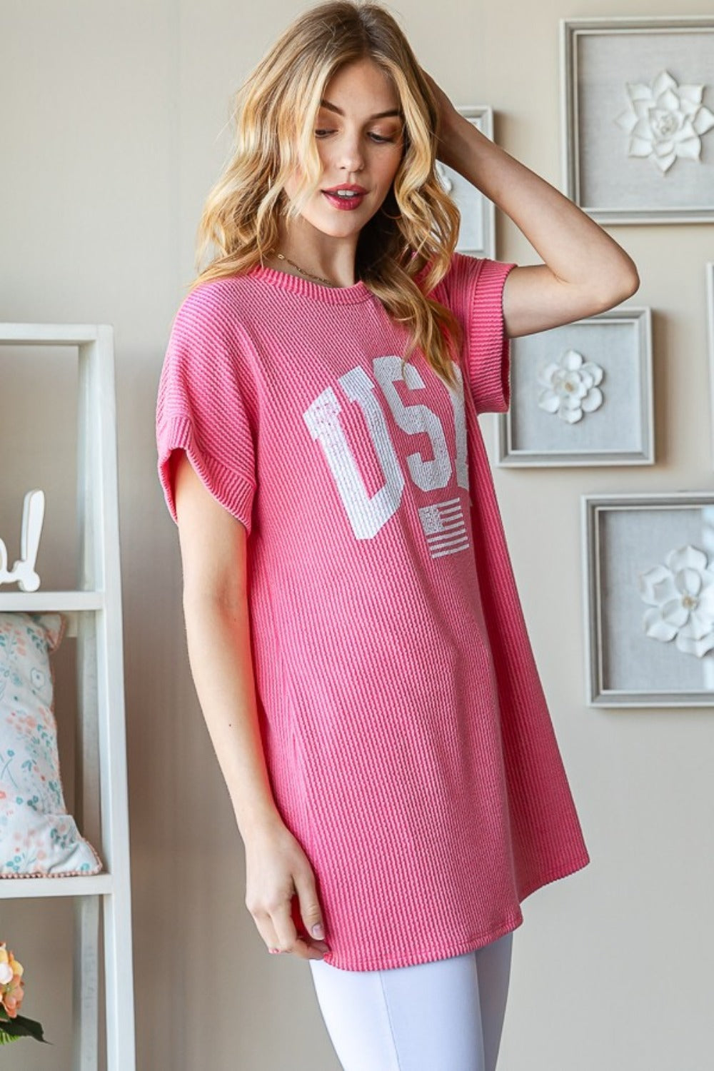 Heimish U S A Graphic Short Sleeve Ribbed Top in Coral