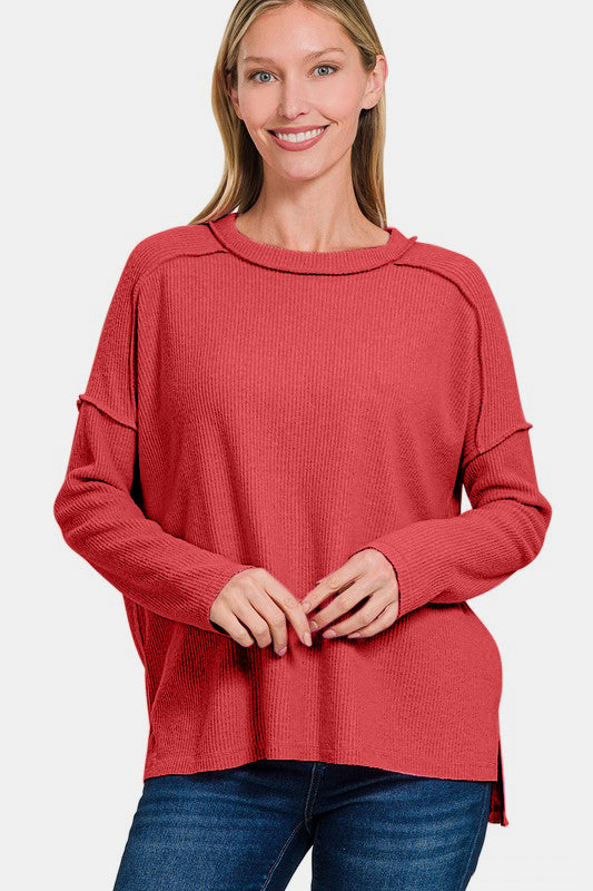 Zenana Cozy Season Exposed Seam Brushed Sweater in Red