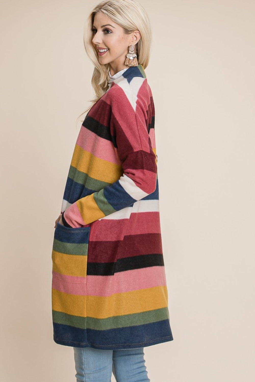 BOMBOM Cozy and Colorful Color Block Striped Open Front Cardigan