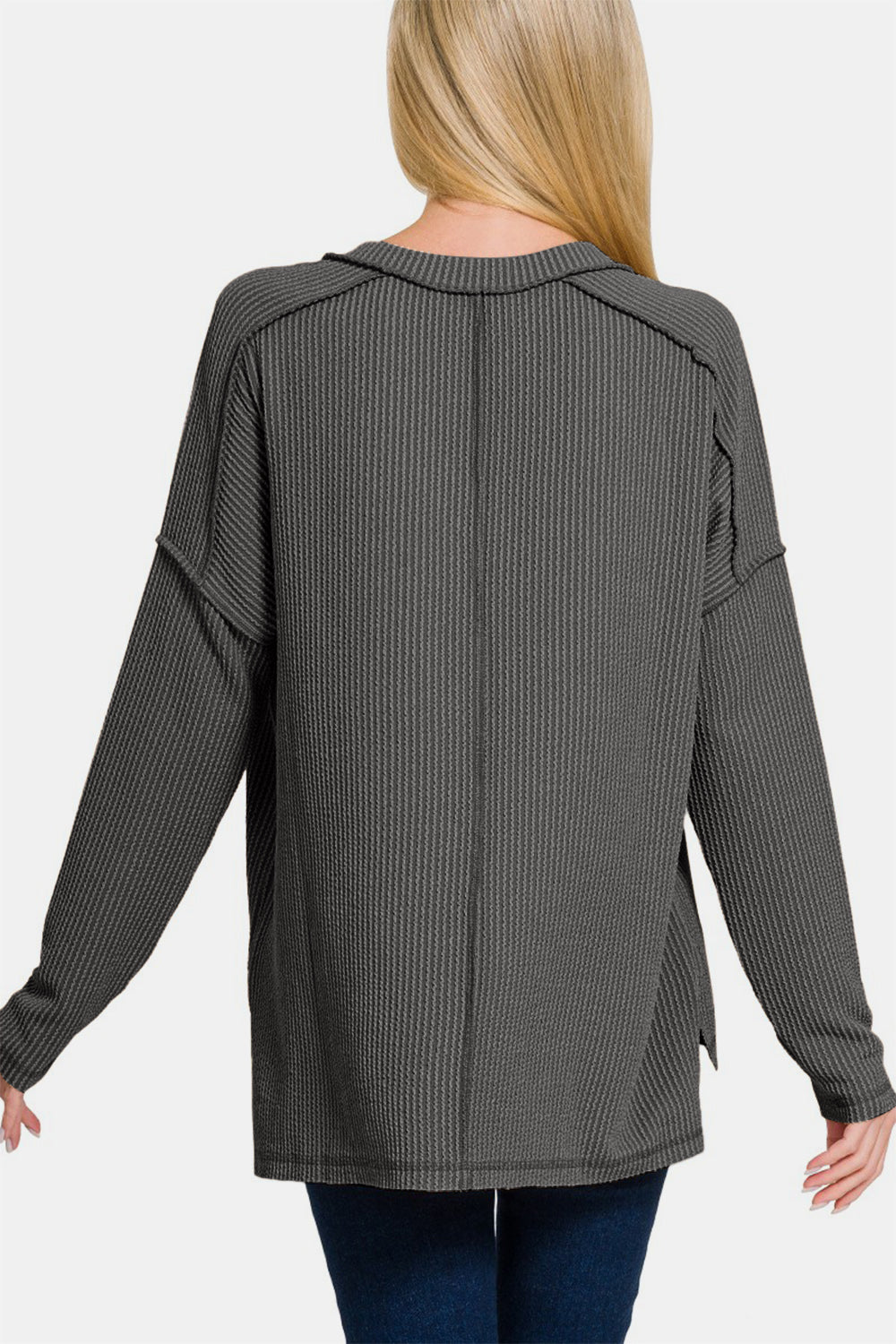 Zenana All About Details Texture Exposed Seam V-Neck Long Sleeve T-Shirt in Charcoal