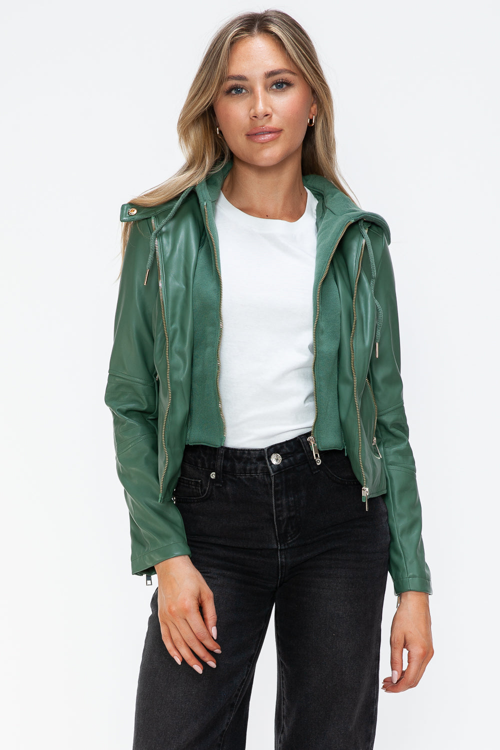 Snobbish Embrace The Day Faux Leather Zip Up Drawstring Hooded Jacket in Sage