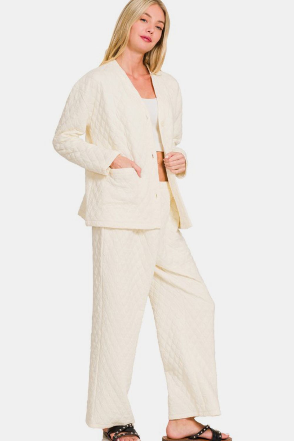 Zenana Quilted Comfort Button Up Long Sleeve Top and Pants Lounge Set in Cream