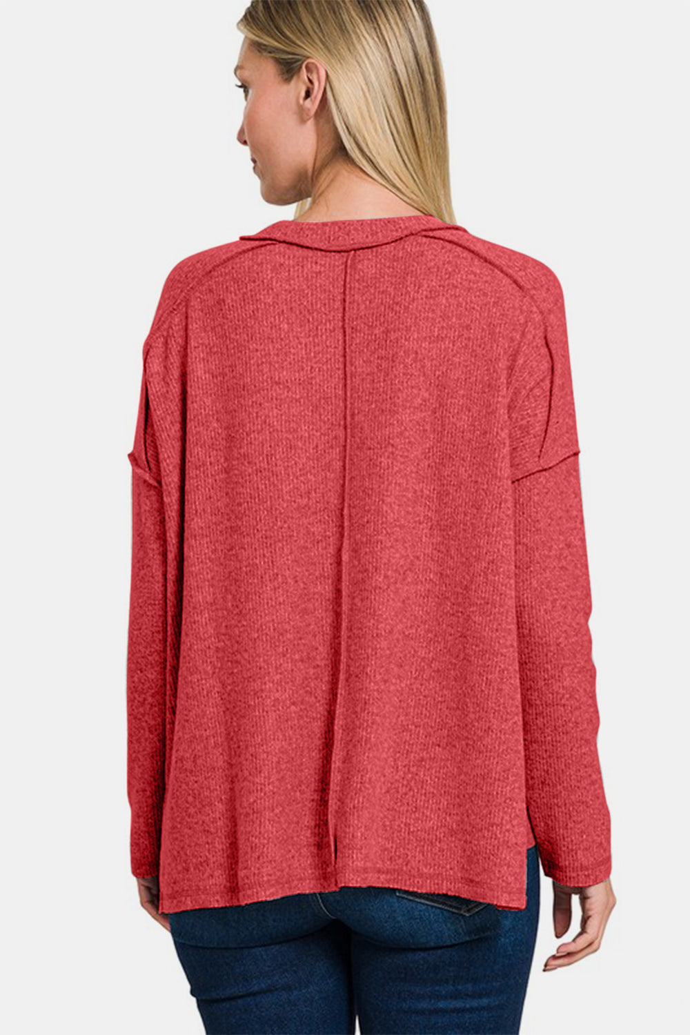 Zenana Cozy Season Exposed Seam Brushed Sweater in Red