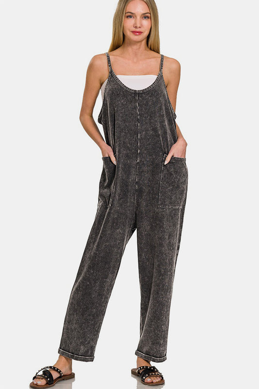 Zenana Oh Hey Funday Washed Spaghetti Straps Overalls with Pockets in Ash Black