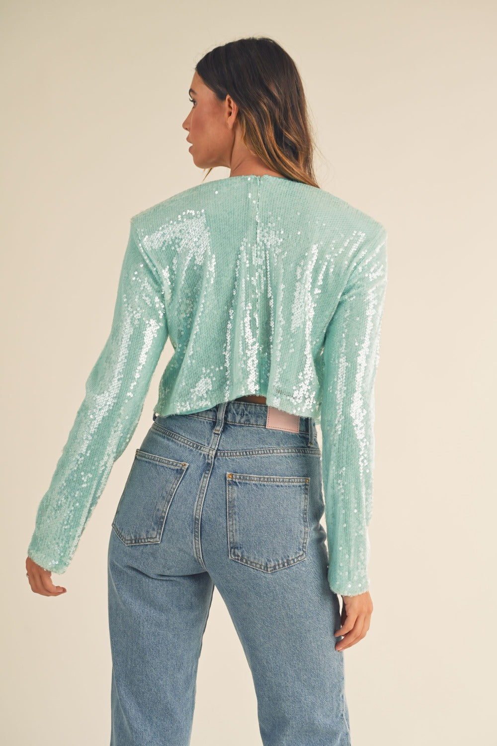 MABLE Bringing The Glitz Shoulder Padded Sequin Crop Top in Mint