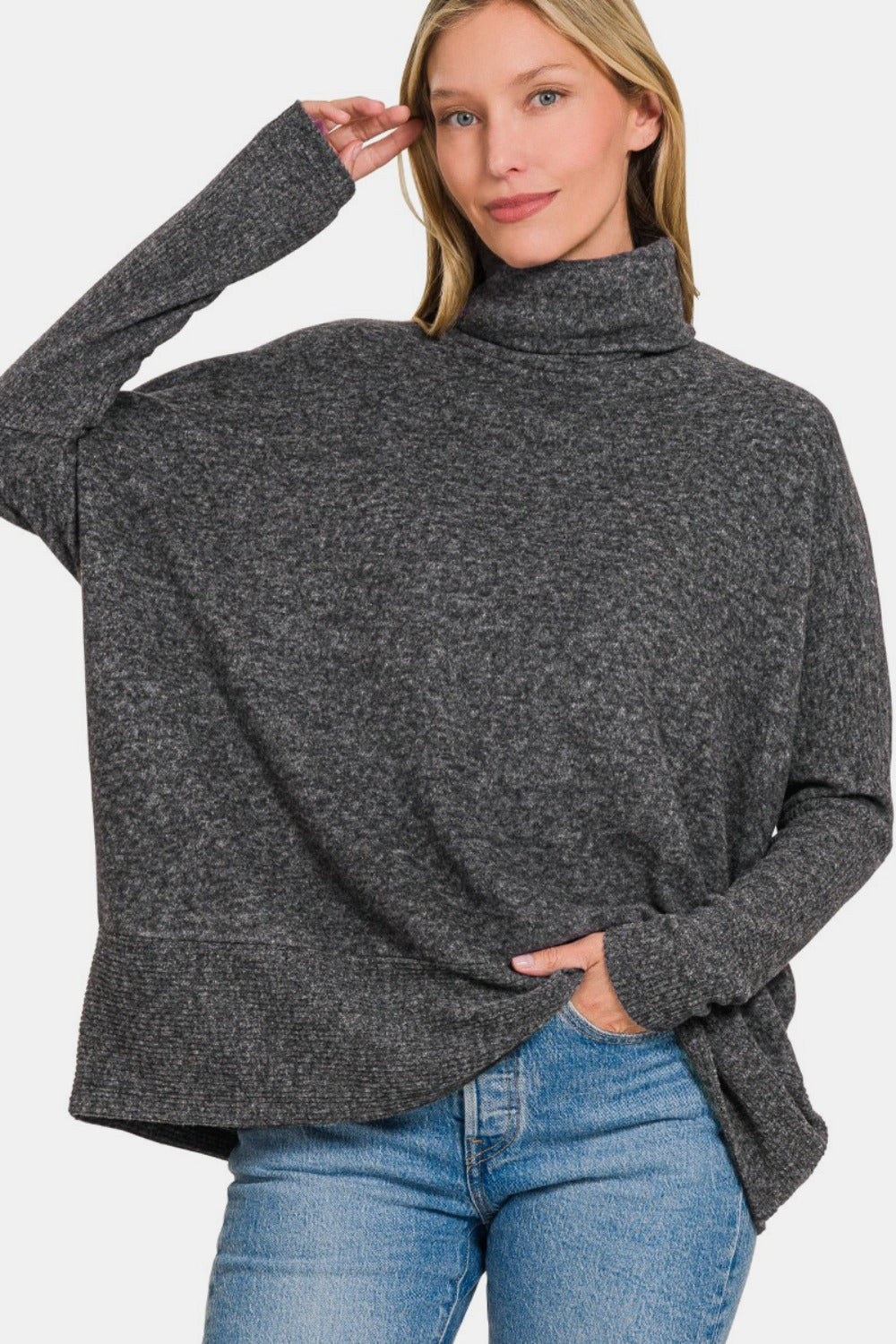 Zenana Never Let You Go Brushed Melange Hacci Turtleneck Sweater in Black